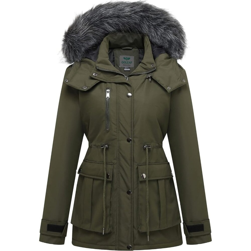 〽️Women's Green Winter Coat Warm Puffer Jacket Thicken Parka with Removable Hood